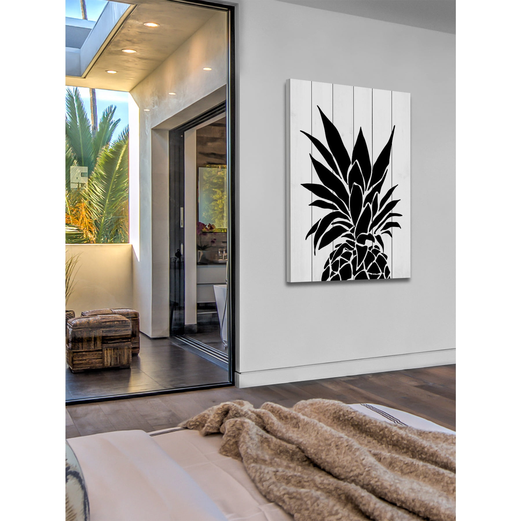 "Black Pineapple" Painting Print on White Wood