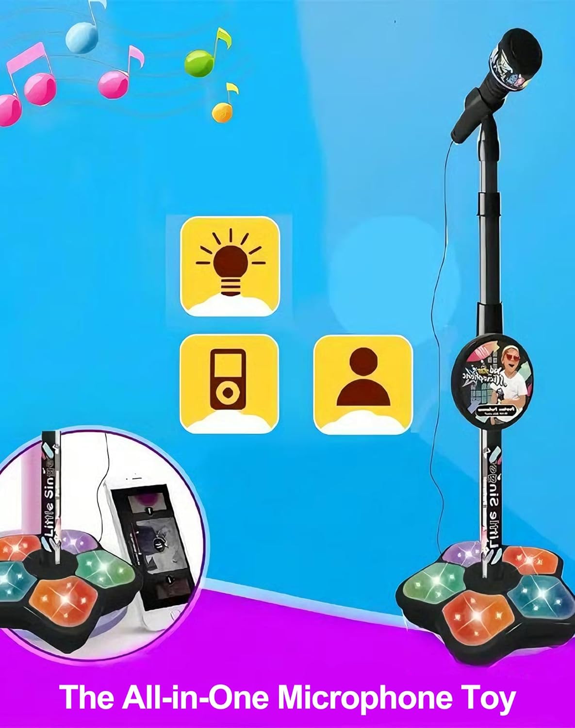 The All-in-One Microphone Toy, Kids Karaoke Machine with Adjustable Stand, Built-in Music, Colorful Lights, Echo Effects, Karaoke Microphone for Kids, Christmas Birthday Gift for Girls Boys (Black)