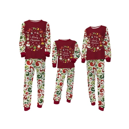

Huakaishijie Family Matching Christmas Pajamas Cartoon Letter Print Long-Sleeved Tops + Retro Pattern Trousers