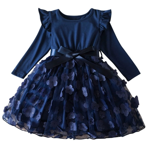 Long Sleeve Girls Dress Girls' Fall and Spring New Long Sleeve Ruffled Lace Round-Neck Embroidery Mesh Princess Bow Skirt New Long Sleeve Round Neck Dress Blue 110