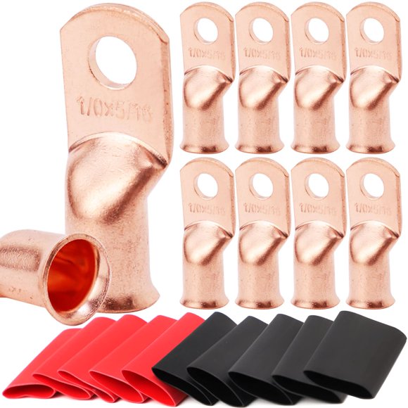 TKDMR 10 Pcs 1/0 AWG-5/16 Crampons de Batterie, Crampons de Fil Robustes, Bornes de Batterie, Embouts de Câble de Batterie, 0 Bornes de Batterie, Connecteurs de Bornes de Batterie avec 10 Pcs Tubes Thermorétractables 3:1