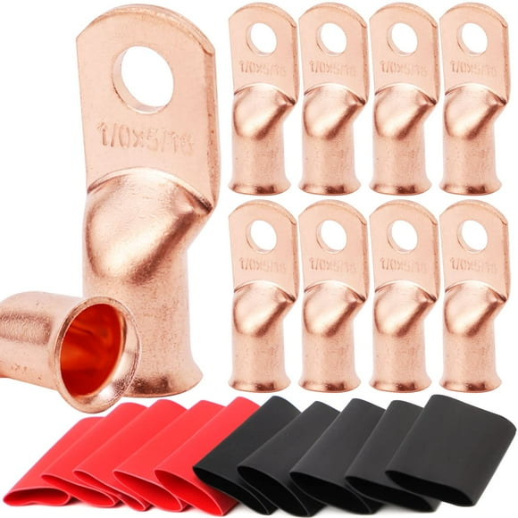 TKDMR 10 Pcs 1/0 AWG-5/16 Crampons de Batterie, Crampons de Fil Robustes, Bornes de Batterie, Embouts de Câble de Batterie, 0 Bornes de Batterie, Connecteurs de Bornes de Batterie avec 10 Pcs Tubes Thermorétractables 3:1