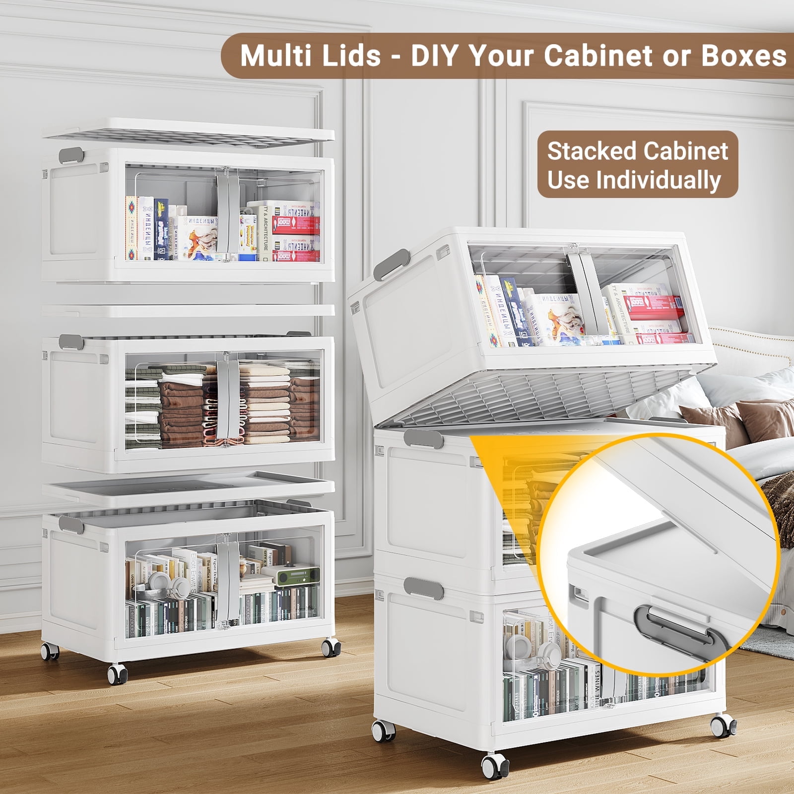 Broview 480Qt Large Stackable Storage Bins with Lids, Plastic Closet Organizers Storage Drawer with Wheels Doors, Toy Clothes Storage Box, White V70
