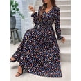 thumbnail image 5 of Women Floral Print V Neck A-Line Maxi Dress Long Sleeves Casual Wrap Autumn Beach Swing Black L, 5 of 9