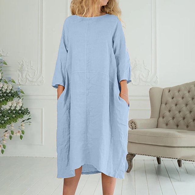 Qiopertar Robe Longue Décontractée Mode Femme Grande Taille Col Rond Poche Couleur Unie Lin Liquidation Moins de 5$ en Liquidation Offres d'Accès Anticipé