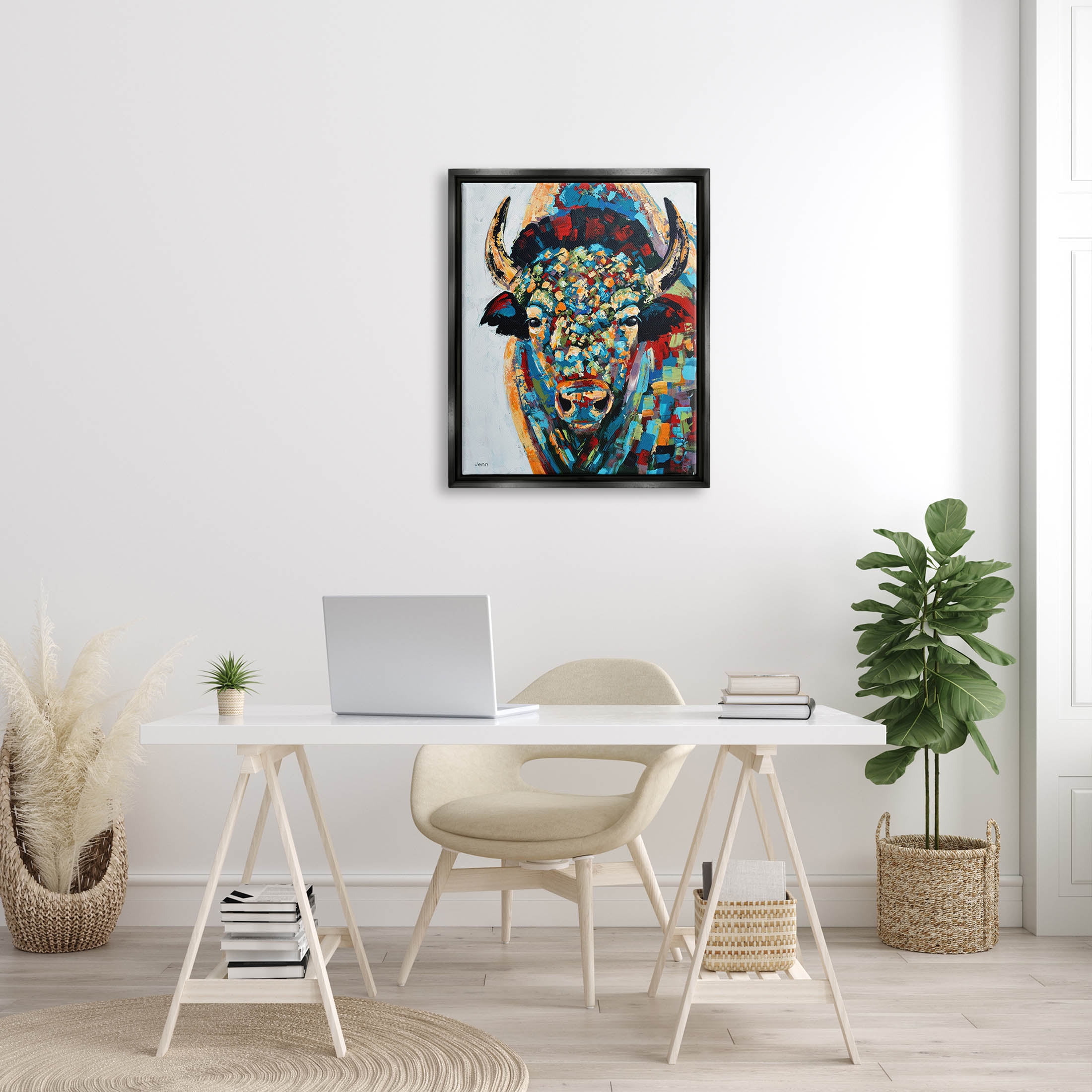 Abstract Bison Kaleidoscopic Strokes Animals & Insects Painting Jet Black Framed Art Print Wall Art