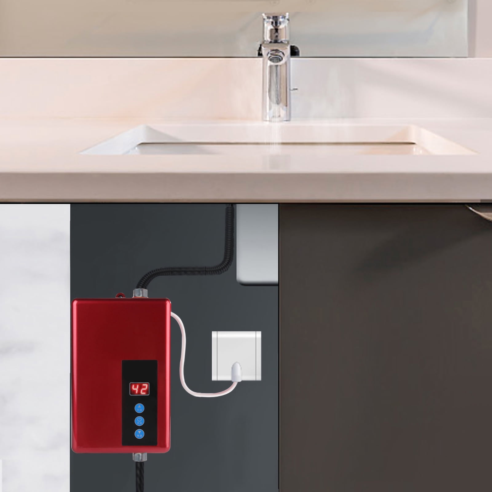 BIMZUC 220V 5.5KW Mini Instant Electric Water Heater Tankless Shower Hot Water System for Kitchen Bathroom Red 8.66 x 5.51 x 2.56 inches / 220 x 140 x 65 mm