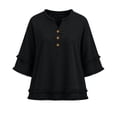 thumbnail image 5 of Linen Tops for Women Henley Shirts Loose Beach Clothes Western Frayed Casual Summer Gauze Shirts Boho Tops with Raw Hem Tassel Cotton Linen Shirts V Neck Short Sleeve Blouses,Black,L, 5 of 5