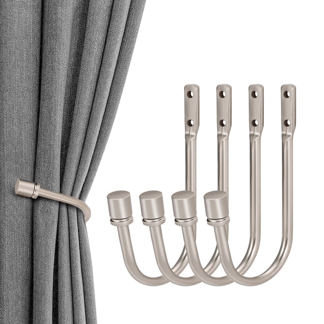4 Pcs Curtain Holdbacks, Wall Mounted Metal Drapery Tiebacks, Decorative Curtain Tieback Hook, Heavy Duty Metal Window Drapery Holder, Silver