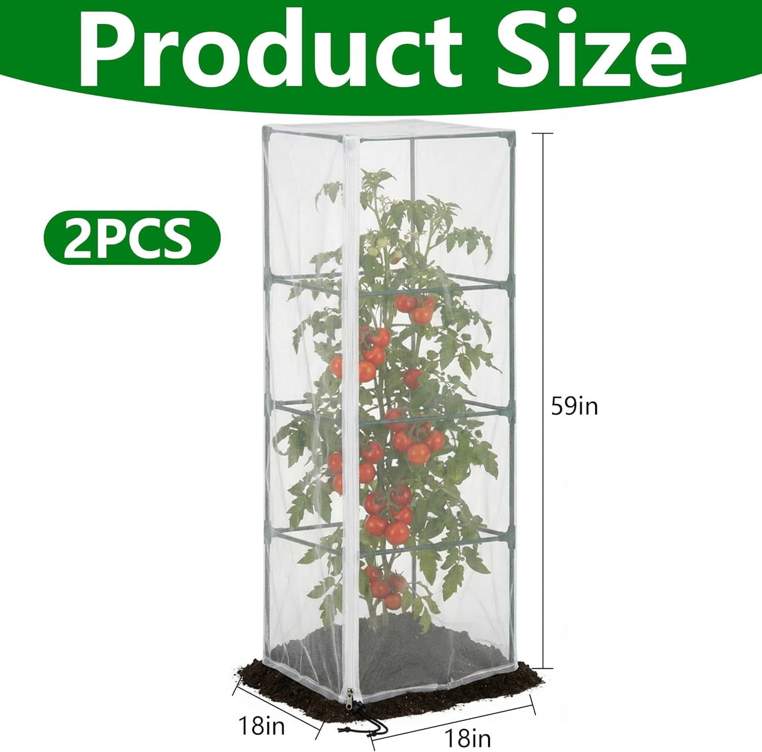 2 Pcs Garden Bird Netting for Square Plant Cage, 59" x 18" x 18" Tomato Cage Garden Net Cover with Zipper, Tomato Trellis Insect Bird Barrier Protection Mesh for Vertical Climbing Plants Vegetables