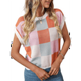 thumbnail image 2 of Womens Summer Crew Neck Cap Sleeve Crop Color Block Knit Short Sleeve Sweater Pink + Orange XL, 2 of 7