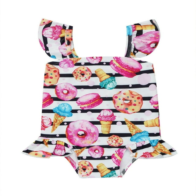 Maillot de Bain une Pièce pour Fille Rayé Imprimé Beigne Volant Manche Dos Nu Bébé Tout-Petit Enfant Fille Justaucorps Maillot de Bain