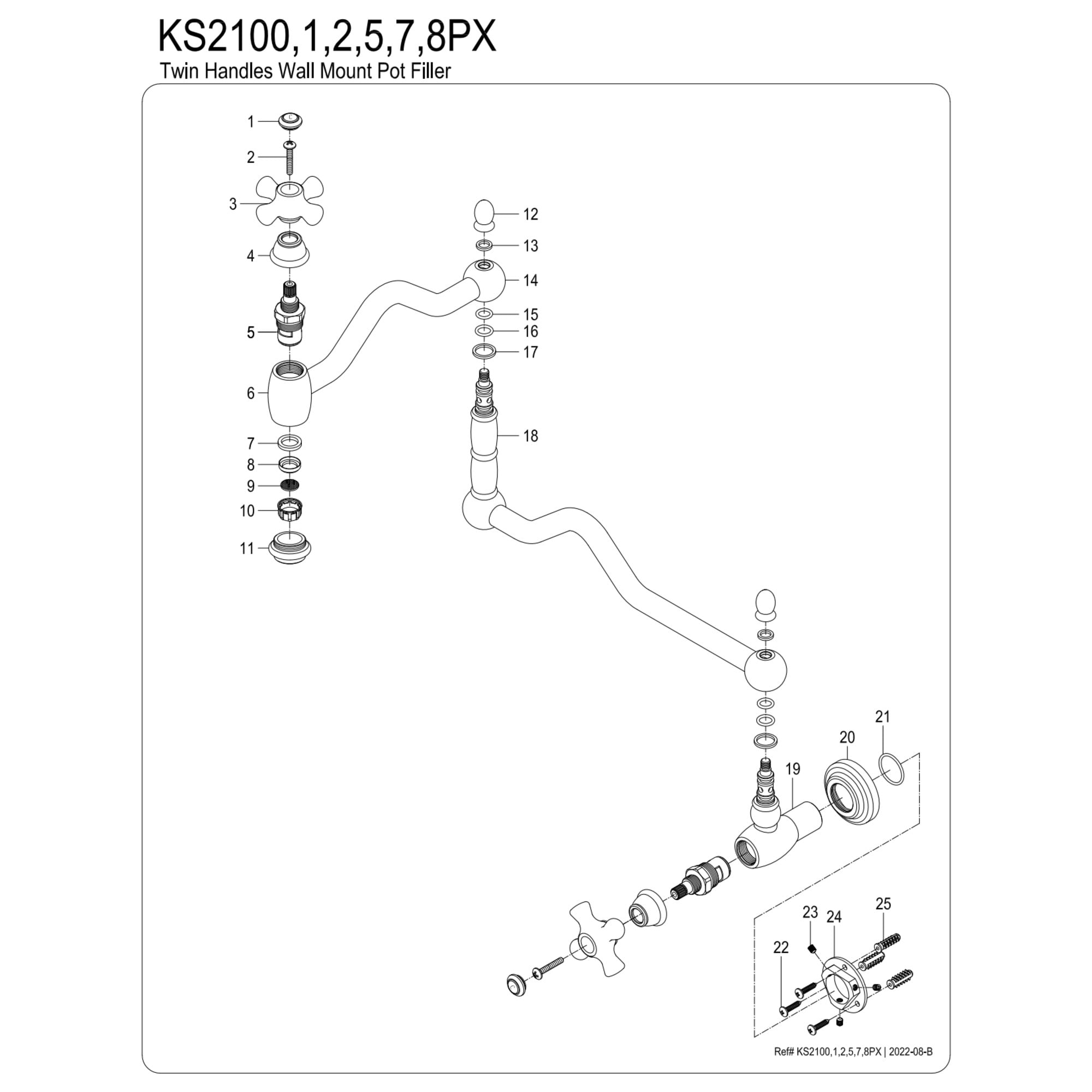 Kingston Brass KS2105PX Heritage Two-Handle 1-Hole Wall Mount Pot Filler Faucet in Oil Rubbed Bronze