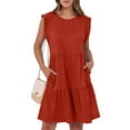 thumbnail image 2 of JSheng Summer Fashion Womens Dresses Solid Sleeveless Roumd Neck Pleated Loose Comfy Mini Dress with Pockets Red S, 2 of 5