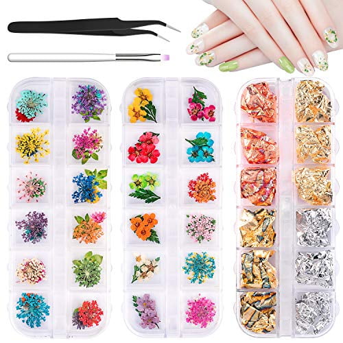 Dried Flowers Nail Art 24 Colors Mini Real Dry Flowers With Foil Nail Chip For Nail Art Design Decoration 2 Boxes Walmart Com Walmart Com