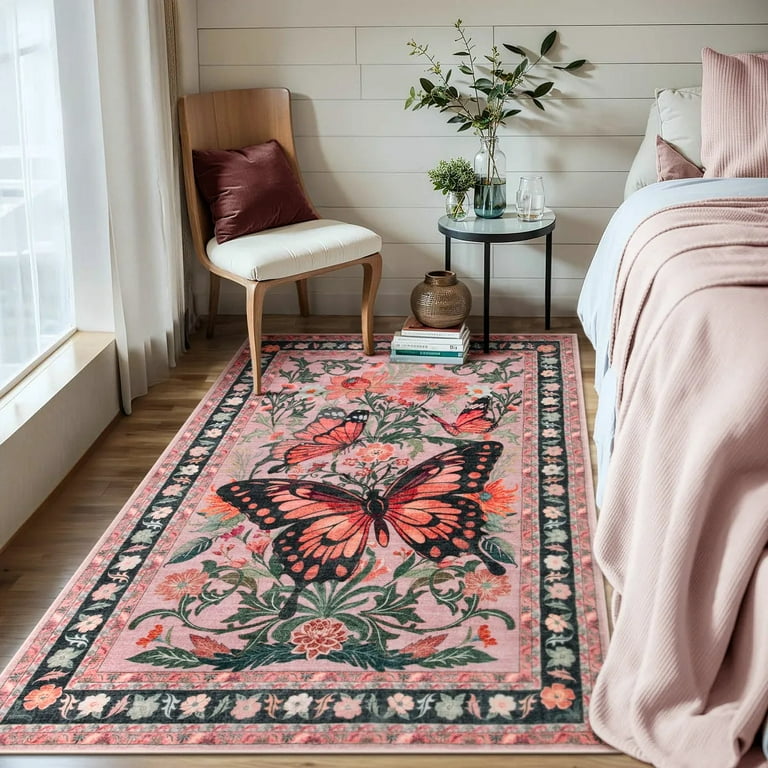 SUNDEREY Pink Butterfly Area Rug, Boho 5x7 Floral Rug Washable