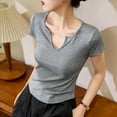 thumbnail image 4 of Fashion Olyvenn Women's Summer Ribbed V-Neck Tee Thin Knit Casual Office Top Slim Fit Solid Color Cap Short Sleeve Pullover Gray S, 4 of 7