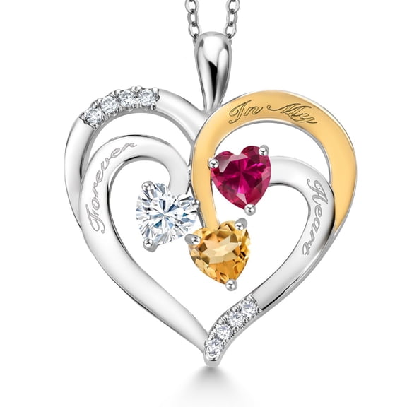 Gem Stone King Two Tone White Moissanite Red Created Ruby Yellow Citrine `Forever in My Heart` Engraved Pendant Necklace for Women (1.48 cttw, Heart Shape 5MM, 18 inch Chain)