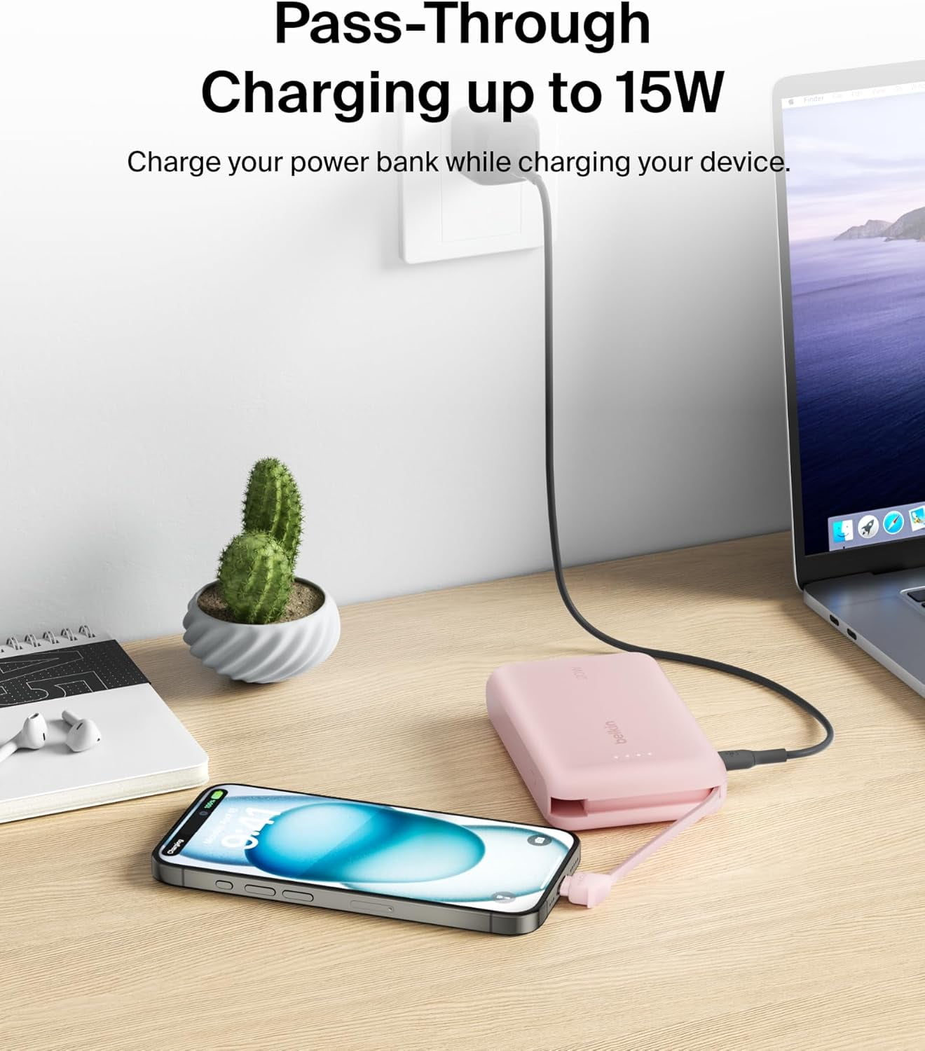 Belkin Power Bank, Portable Power Bank with Integrated Cable 10K PD 20W - Fast Charge USB-C Power Delivery, Portable iPhone Charger for iPhone 16 Series, iPad Pro, Galaxy S25, and More - Pink