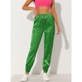 thumbnail image 2 of Pantalones cargo de satén sedoso de tiro alto elástico con cordón para mujer Verde brillante XS, 2 of 6
