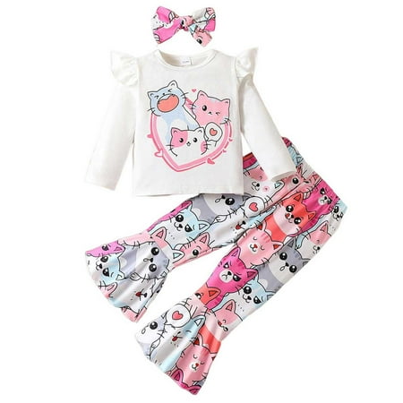 

Toddler Girls Long Sleeve Cartoon Cat Prints Tops Bell Bottoms Pants Headbands Three Piece Outfits Set For Kids Clothes