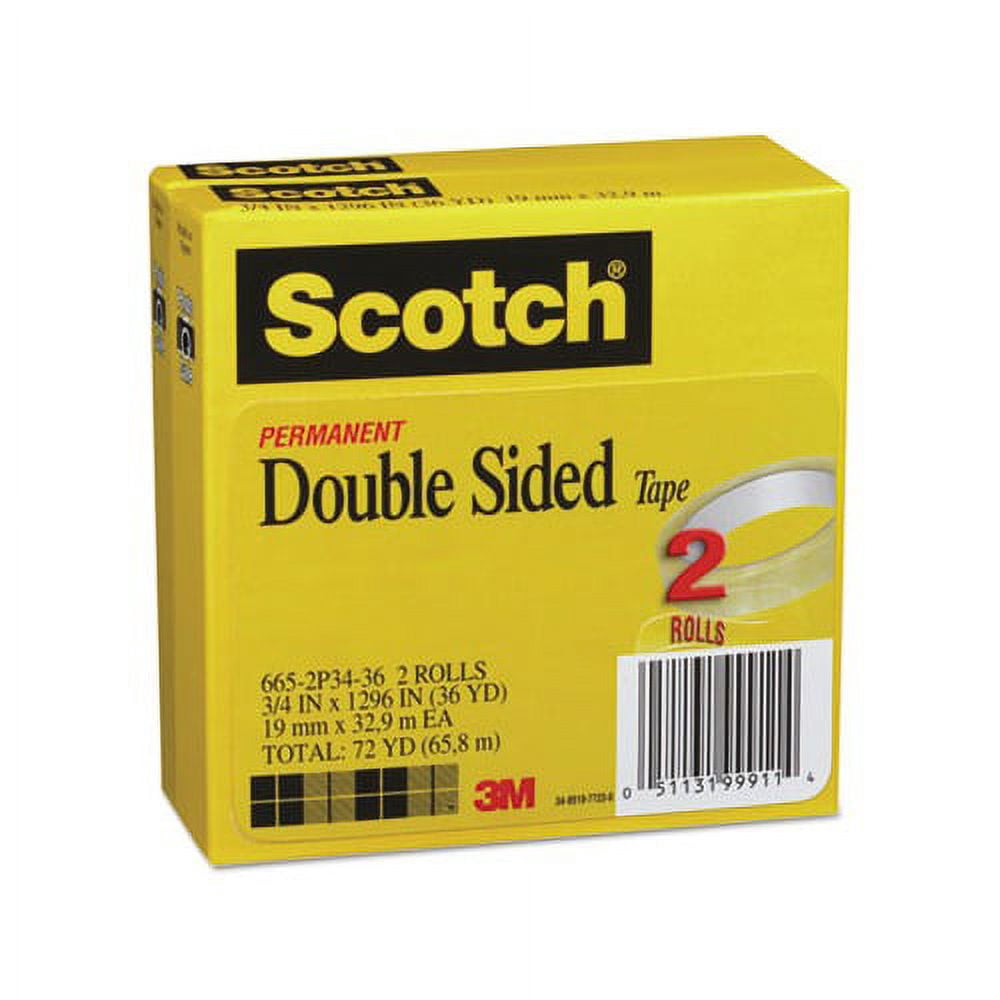 Scotch® 665 Permanent Double-Sided Tape, 3/4" x 1,296", Clear, Pack Of 2
