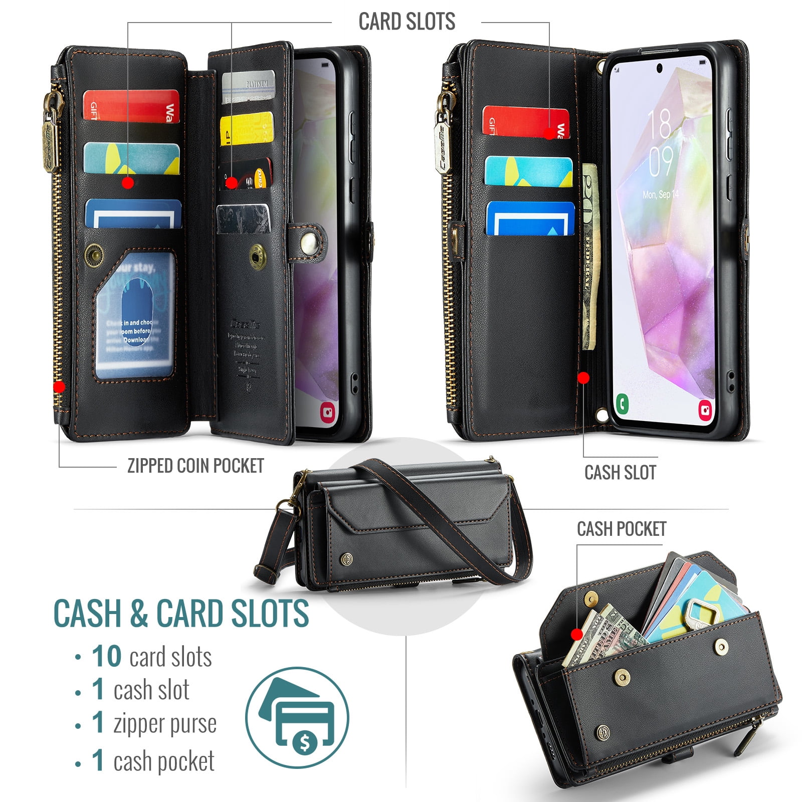 for Samsung Galaxy A14 5G Full Body Protection Wallet Folio Flip Case, Shoulder Strap & Wristlet Card Slots Zipper Pocket RFID Blocking Rugged Durable PU Leather Phone Case Cover, Black