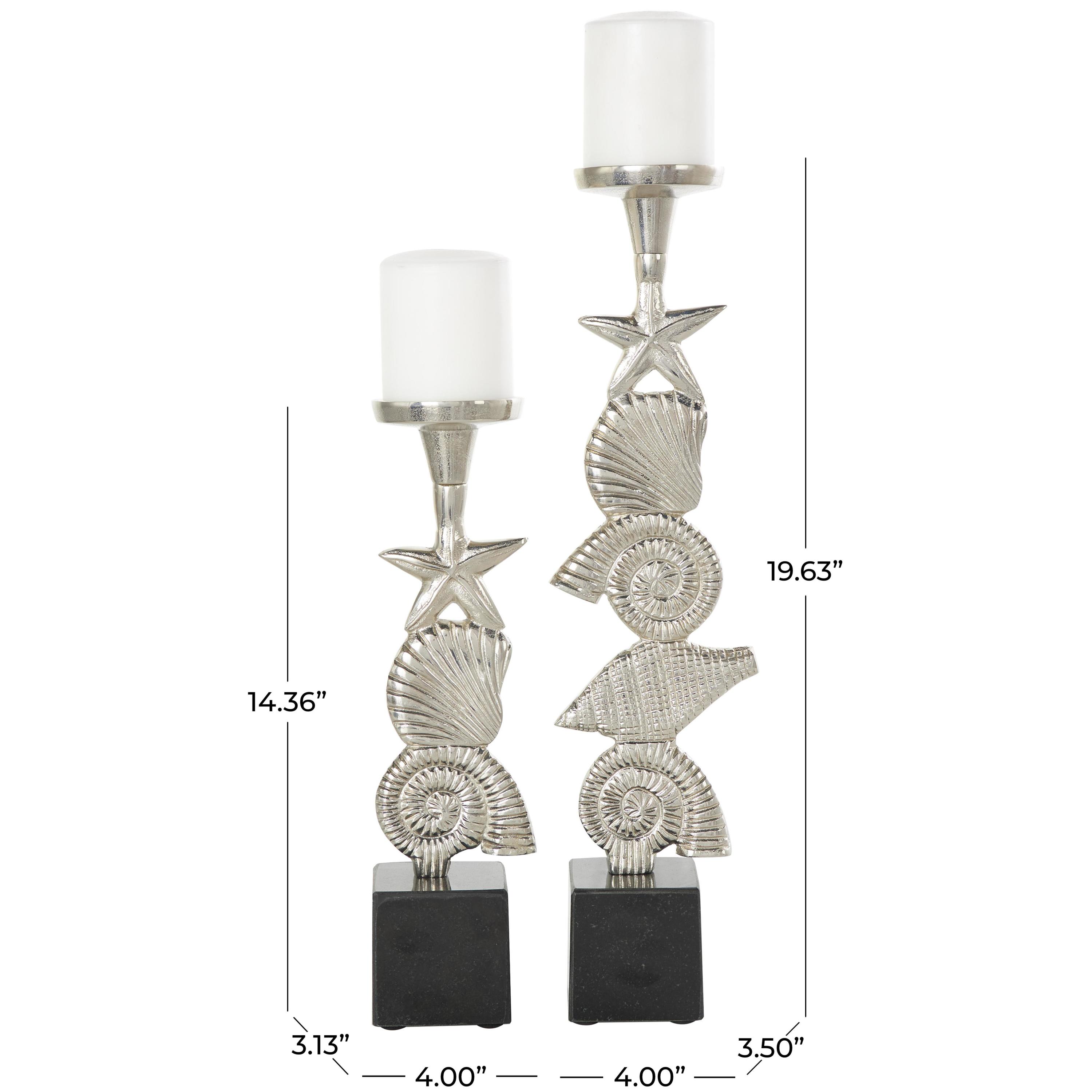 DecMode 2 Candle Silver Aluminum Metal Shell Candle Holder with Black Marble Bases, Set of 2