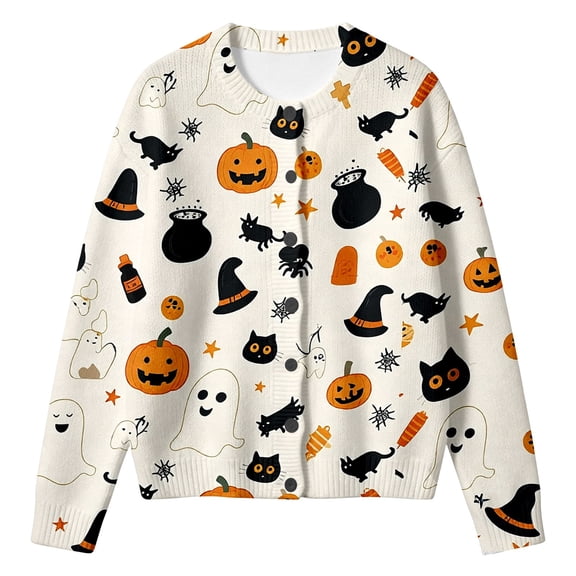 Halloween Knitted Sweater Cardigan for Girls Witch Print Holiday Long Sleeve Button Down Casual Cute Tops