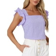 thumbnail image 4 of INSPIRE CHIC Women's Gingham Tops Square Neck Ruffle Cap Sleeves Summer Blouse L Purple, 4 of 6