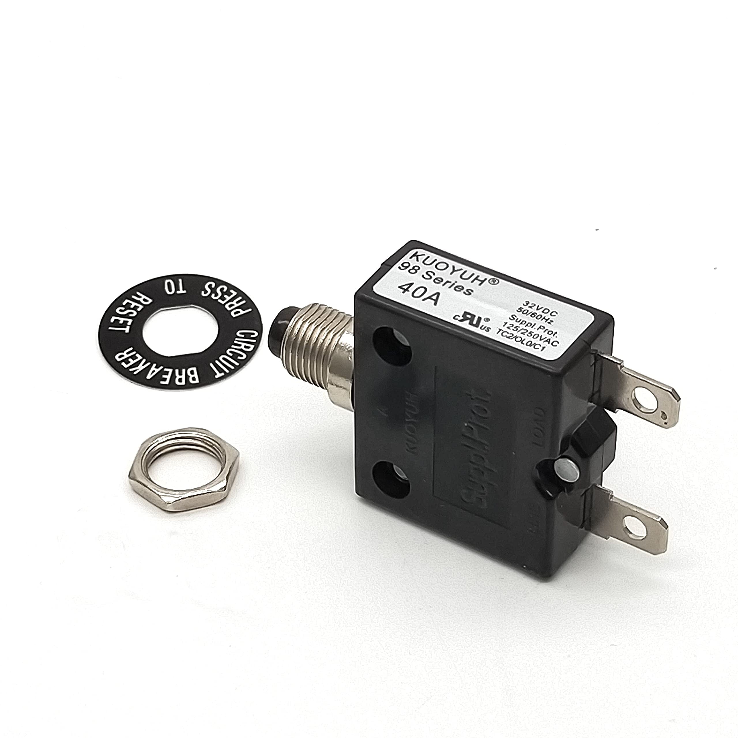 KUOYUH 15 Amp Thermal Circuit Breaker – 98 Series, Push-to-Reset, Quick Connect Terminals, With Waterproof Button Dust Cover