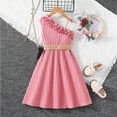 thumbnail image 7 of Mercatoo Kid Toddler Girls One Shoulder 𝐑uffles Dress Solid Color Stripe Dress with Belt Summer Fashion 𝐒limming Clothes, 7 of 7