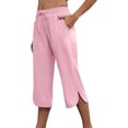 thumbnail image 4 of KIHOUT Women High Waisted Wide Leg Capri Pants Solid Color Drawstring Elastic Waist Casual Cropped Trousers with Pockets Side Slit Summer Beach Pants, 4 of 7