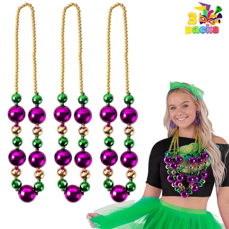 JOYFY Mardi Gras Jumbo Bead Necklaces,3 Pcs 44 inch Necklace for Party Decorations, Gold Green Purple Beads for Mardi Gras Parade Carnival Supplies, Costume Outfit Accessories