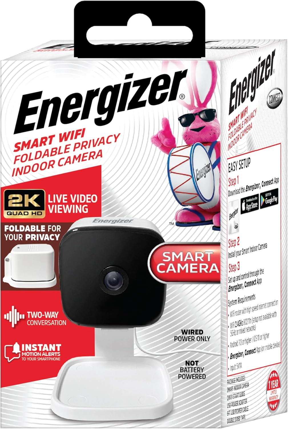 Energizer Smart 2K QHD Wired Indoor Security Camera with Night Vision & 2-Way Audio, White