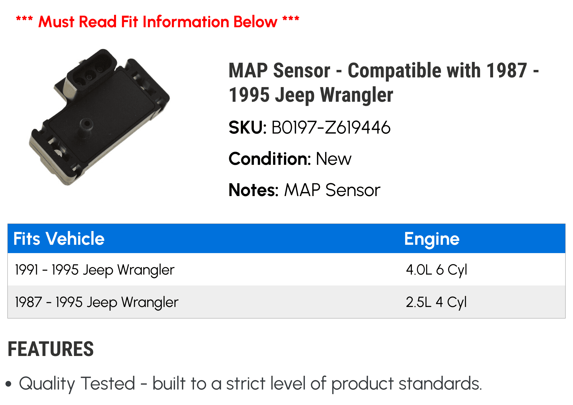 MAP Sensor - Compatible with 1987 - 1995 Jeep Wrangler 1988 1989 1990 1991 1992 1993 1994