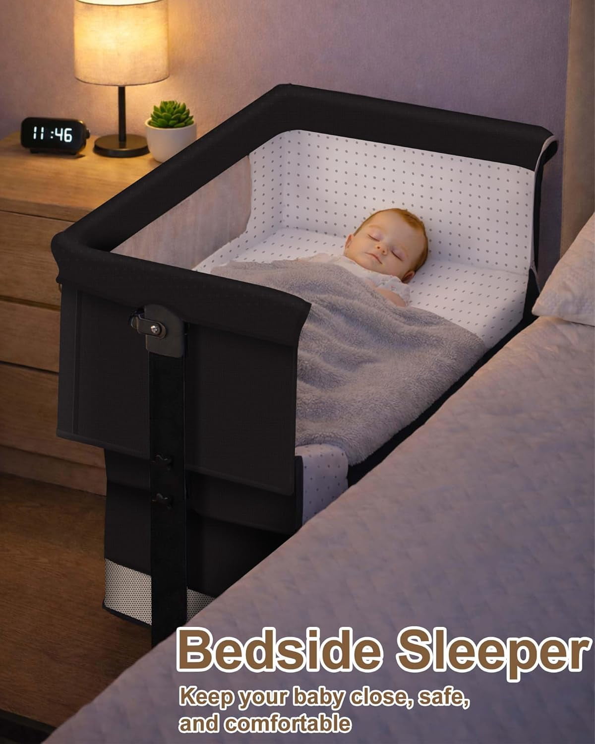 Baby Bassinet Bedside Sleeper - 3 in 1 Adjustable Height Bedside Bassinet with Breathable Mesh, Wheels & Storage Basket and Bag, Portable Folding Baby Cradle for Infants & Newborns, Black