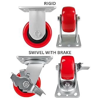 4 Pack Heavy Duty 4 in Polyurethane Caster Wheels, 2 Rigid 2 Swivel with Brake