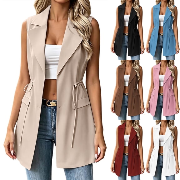 Womens Dressy Blaze Vest Business Casual Cinched Waist Tie Front Longline Jacket Sleeveless Elegant Long Coat for Work Office Daily Wear, Beige, XL