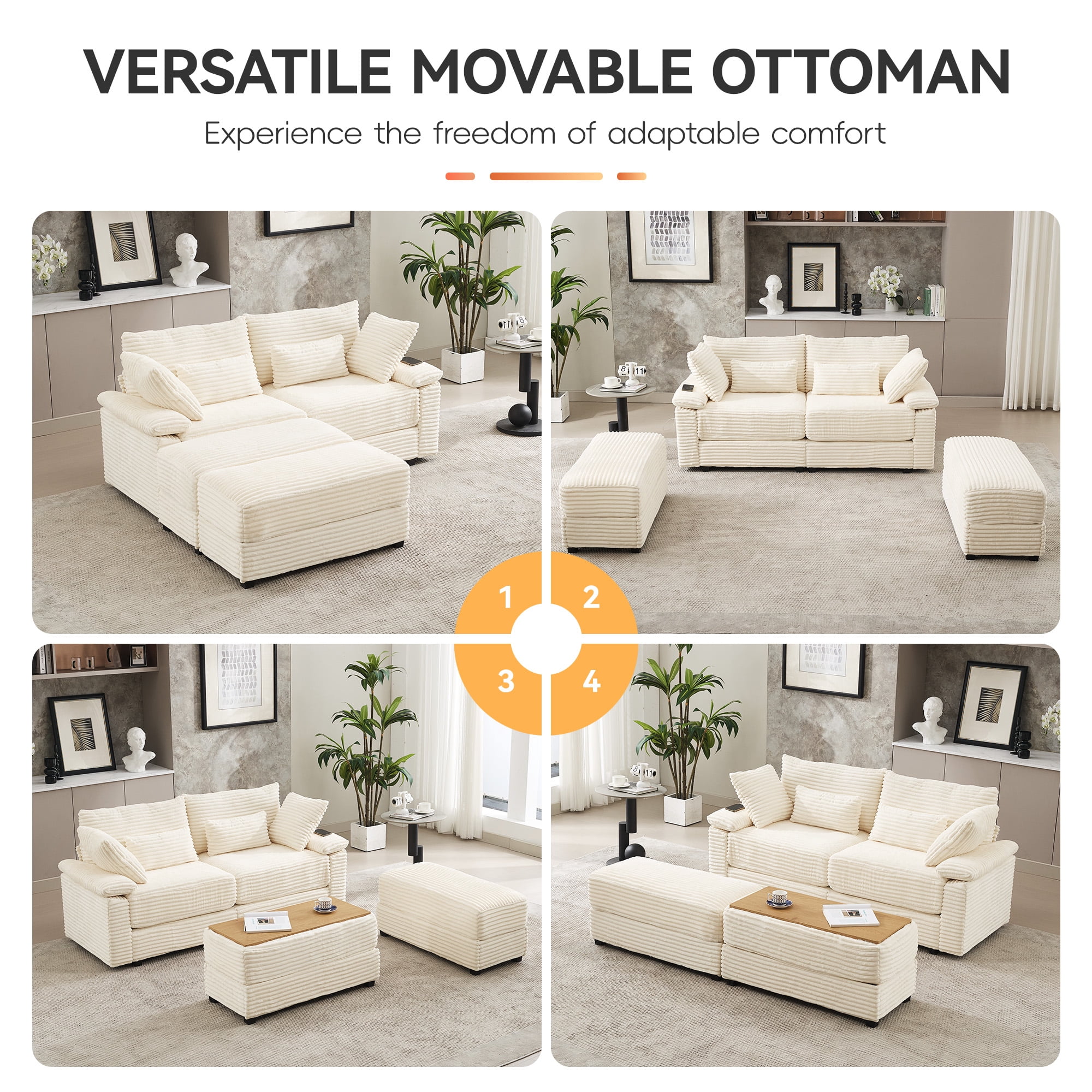 Corduroy Upholstered Sofa for Living Room,Modern Deep Seat Comfy Loveseat Couch with 2 Ottomans,Beige