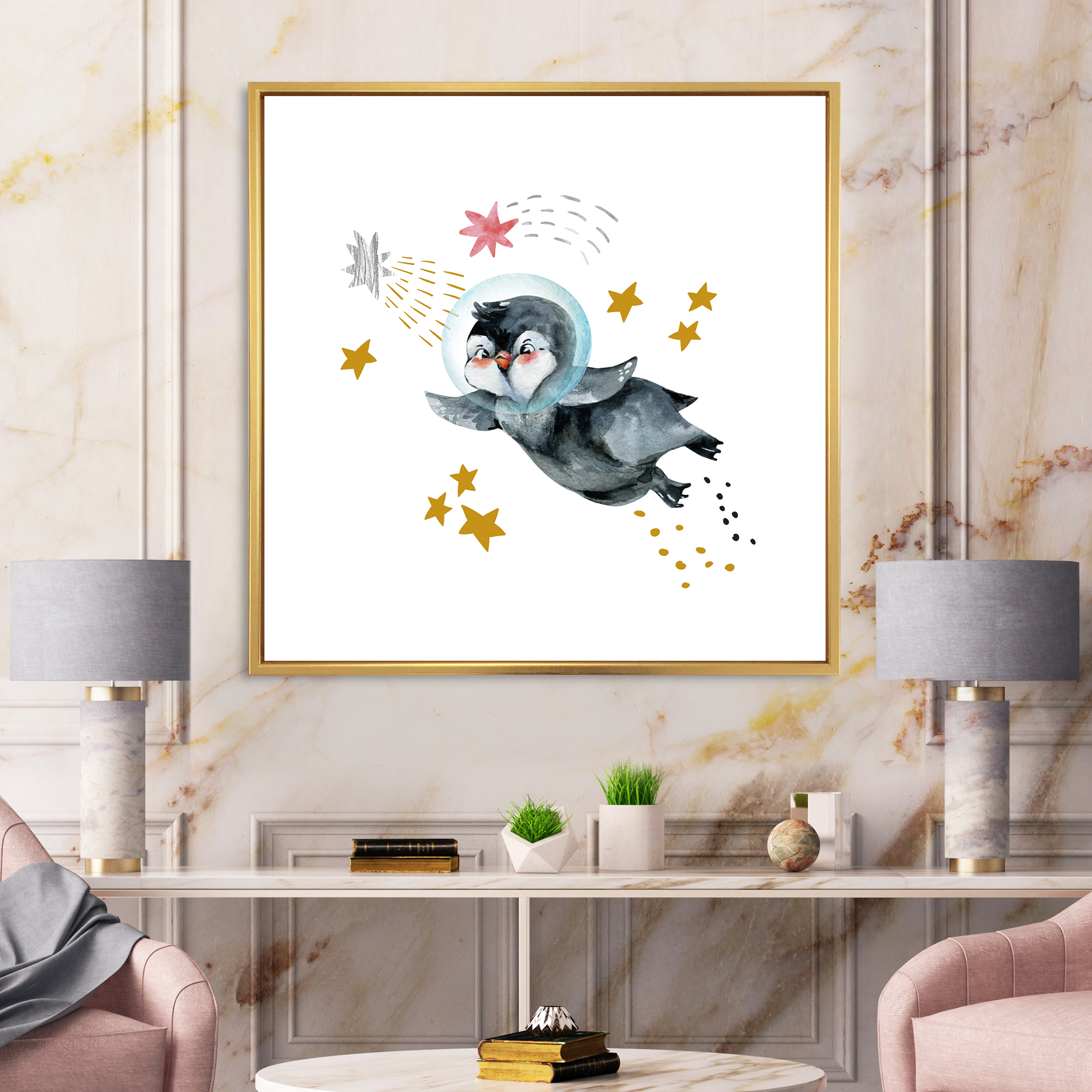 Designart 'Little Penguin Flying Planets and Stars I' Farmhouse Framed Canvas Wall Art Print