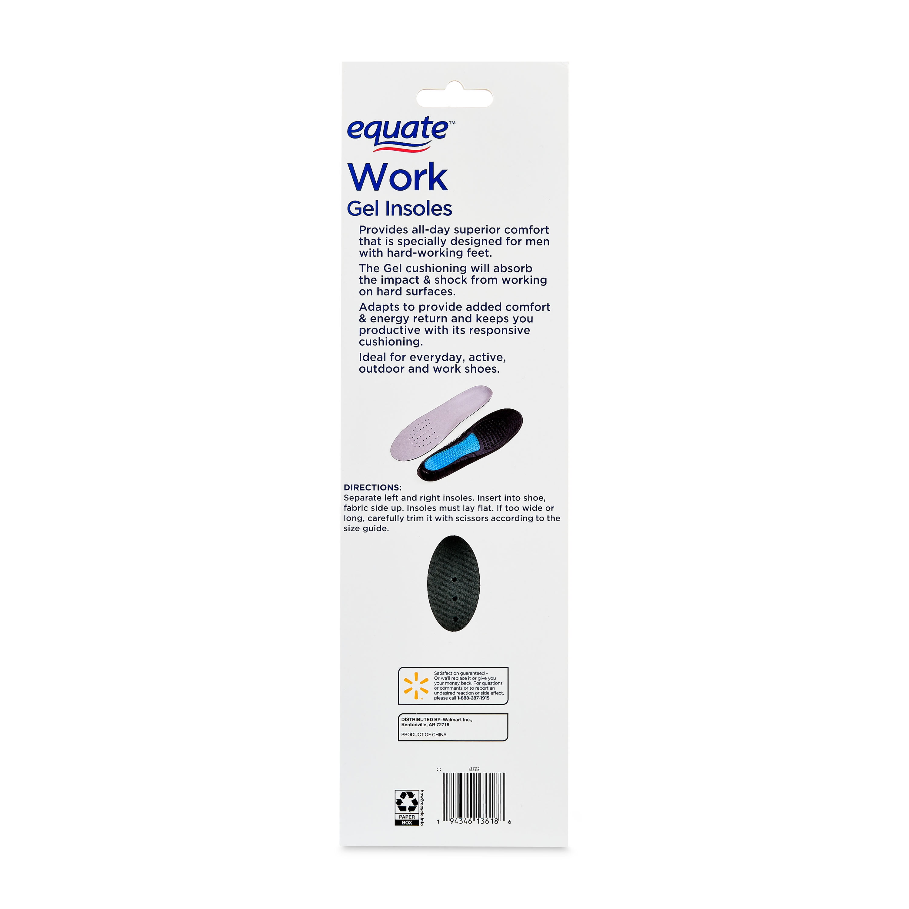 (3 pack) Equate Work Gel Insoles, Men's 7-13, 1 Pair