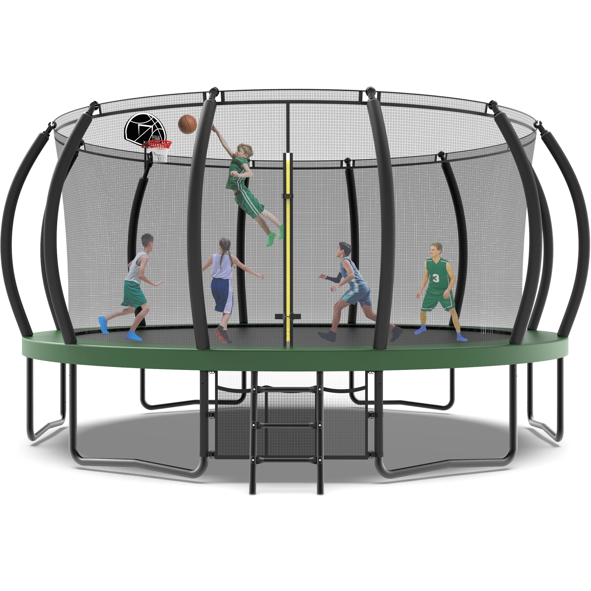 hun er Kvæle bænk Jump Into Fun Trampoline 16FT, Trampoline for Adults and Kids with  Enclosure, Basketball Hoop, Storage Bag and Ladder, Heavy Duty Trampoline  1500LBS Capacity for 7-10 Kids, Outdoor Trampoline, Green - Walmart.com