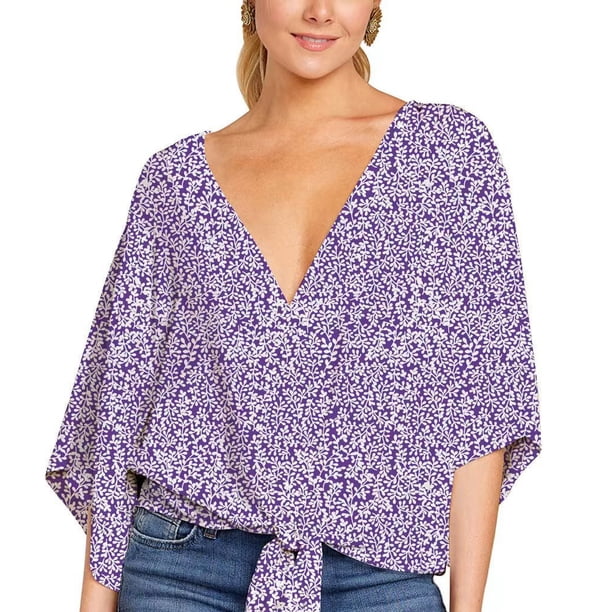 Moda Mujer Causal V-Cuello Impresión Blusa 3/4 Manga Bandag Camiseta Verano Tops Fridja czfsfas4475