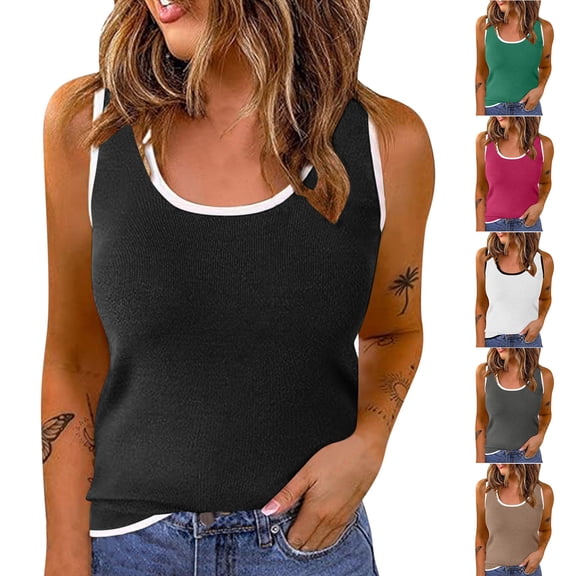 Ashirexll Sleeveless Tops for Women, Solid Color Contrast Color Refreshing Ribbed Tank Summer Color Block Basic Cami