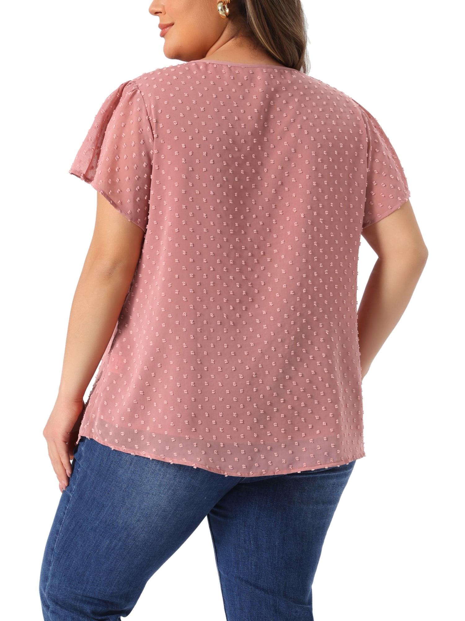 DARING DIVA Women's Plus Size Blouses Pin Dots Smocked Flare Sleeve Top 4X Pink