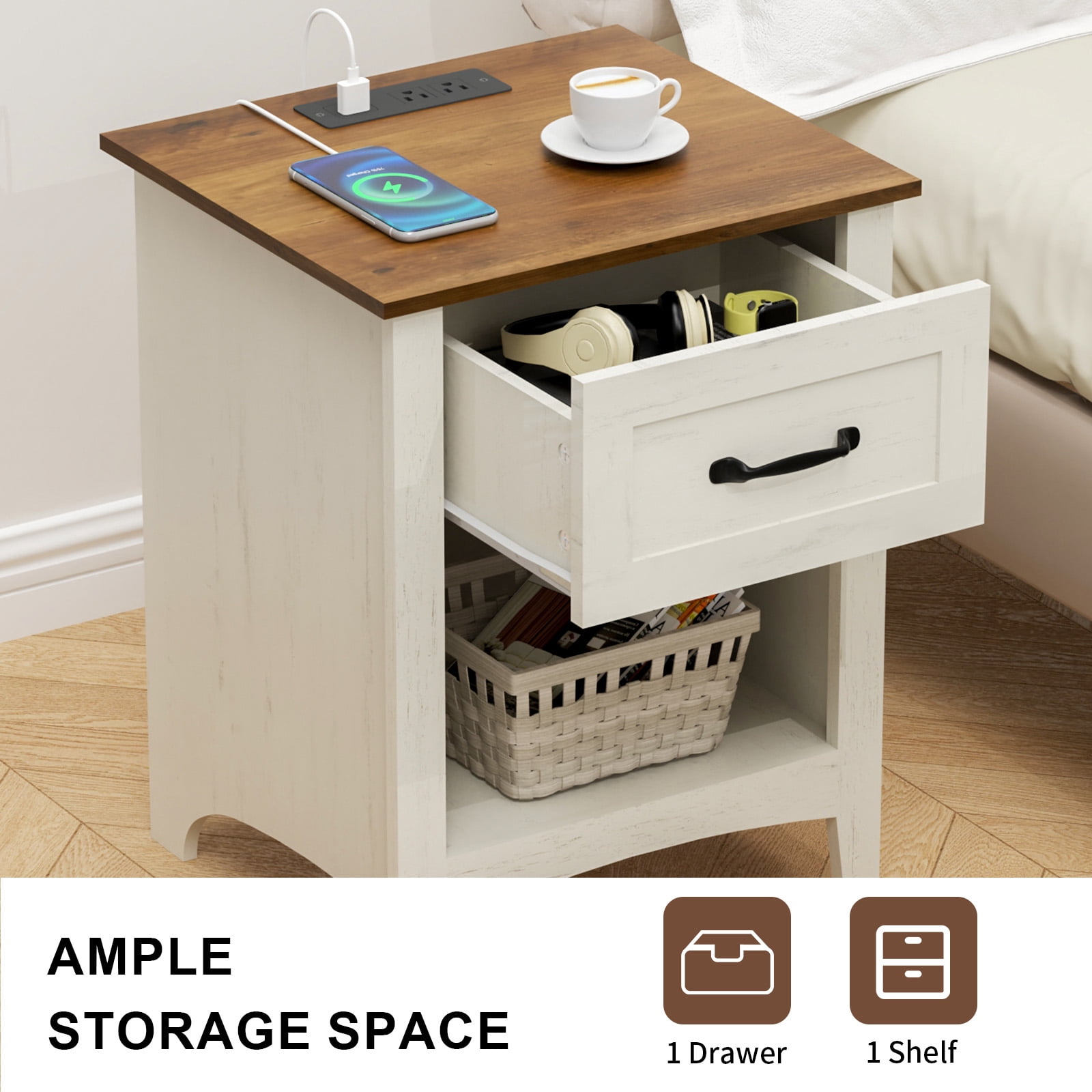 Hommpa End Table With Charging Station For Living Room, Farmhouse Side Table with Drawer, Nightstand Bedside Table with Storage Shelves For Bedroom, Rustic White