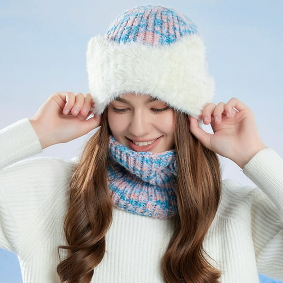 SYMOID Pink Knitted Winter Hat and Neck Warmer Set for Women - Warm with Ear Flaps, Free Size Cold Weather Accessory for Female Teens & Adults,Size Free Size
