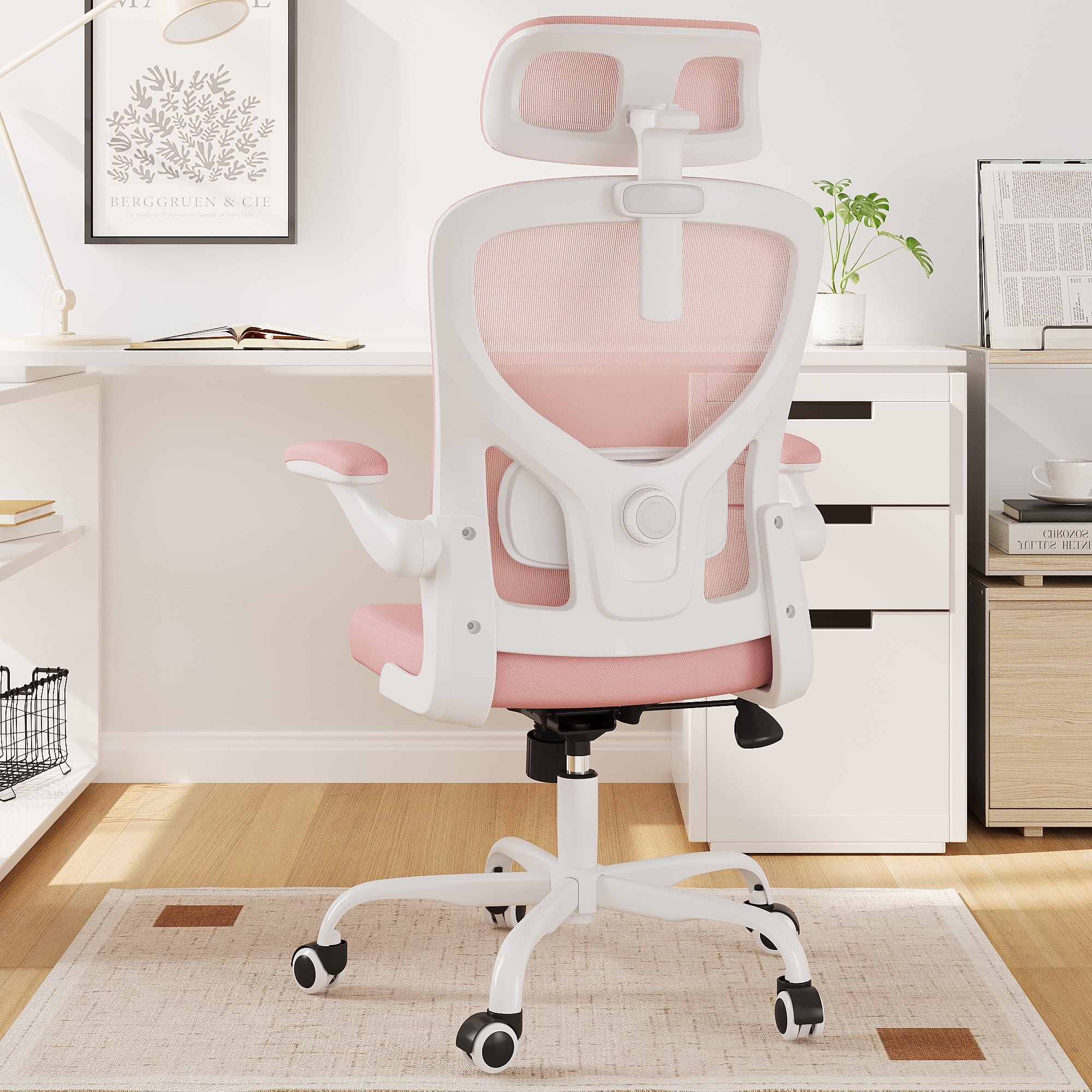 MAYEERTY Ergonomic Home Office Chair with Lumbar Support, Flip-Up Armrests, Headrest for Work & Study,Pink