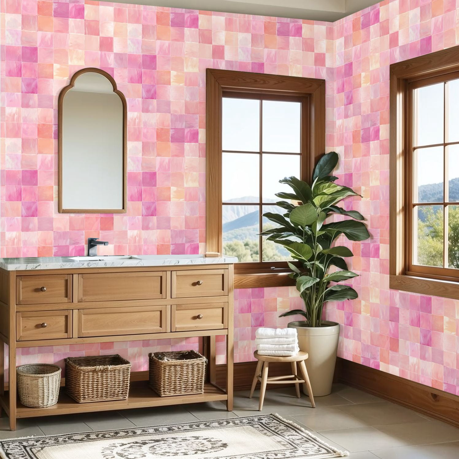 Pastel Peel and Stick Wallpaper Pastel Watercolor Geometric Square Soft Wall Mural 23.6in x 9.8ft Self Adhesive Removable Wall Paper Renter Friendly Wallpaper for Girls Bedroom Classroom